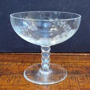 Vintage Champagne Coupe Glass with Wheat Pattern Etchings, One Glass 4" Tall